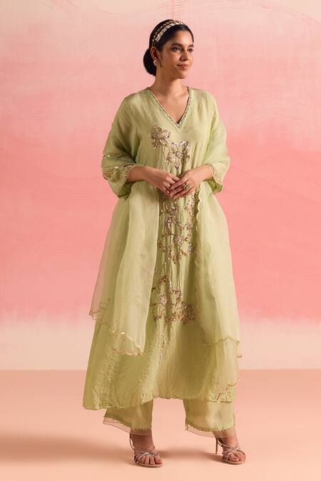 One Not Two Green Silk, Cotton Sequins, Crystals, Floral A-line Kurta And Pant Set at Aza Fashions One Not Two_Green Silk, Cotton Sequins, Crystals, Floral A-line Kurta And Pant Set _at_Aza_Fashions