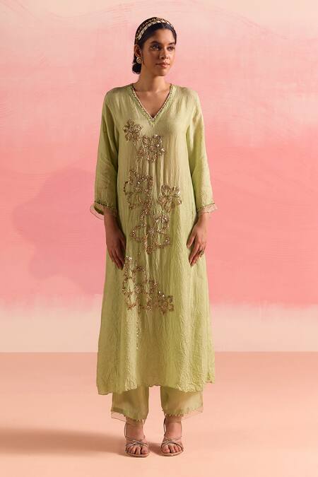 Buy One Not Two Green Silk, Cotton Sequins, Crystals, Floral A-line Kurta And Pant Set Buy_One Not Two_Green Silk, Cotton Sequins, Crystals, Floral A-line Kurta And Pant Set