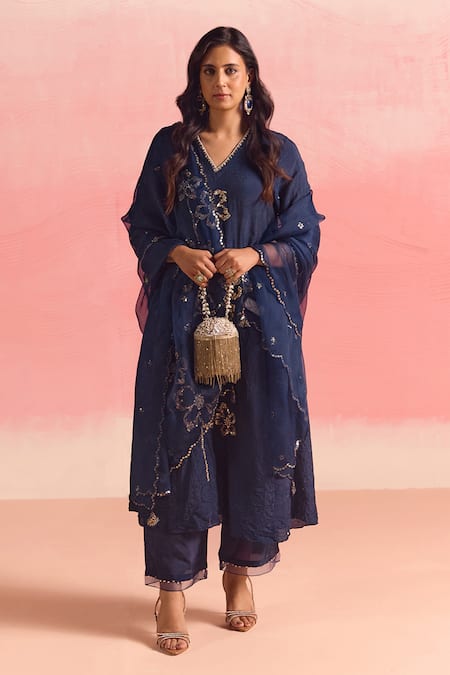 One Not Two Floral Crystals Embroidered Flared Kurta & Pant Set 