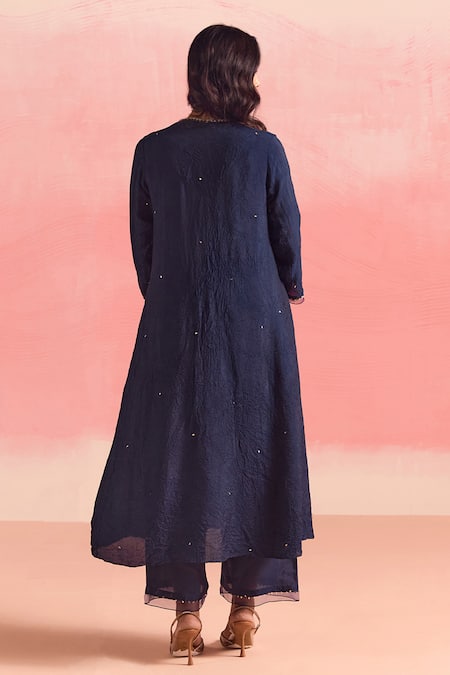 Shop One Not Two Blue Silk, Cotton Sequins, Crystals, Embroidery Floral Flared Kurta And Pant Set at Aza Fashions Shop_One Not Two_Blue Silk, Cotton Sequins, Crystals, Embroidery Floral Flared Kurta And Pant Set _at_Aza_Fashions