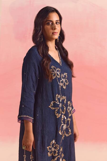 One Not Two Blue Silk, Cotton Sequins, Crystals, Embroidery Floral Flared Kurta And Pant Set Online at Aza Fashions One Not Two_Blue Silk, Cotton Sequins, Crystals, Embroidery Floral Flared Kurta And Pant Set _Online_at_Aza_Fashions