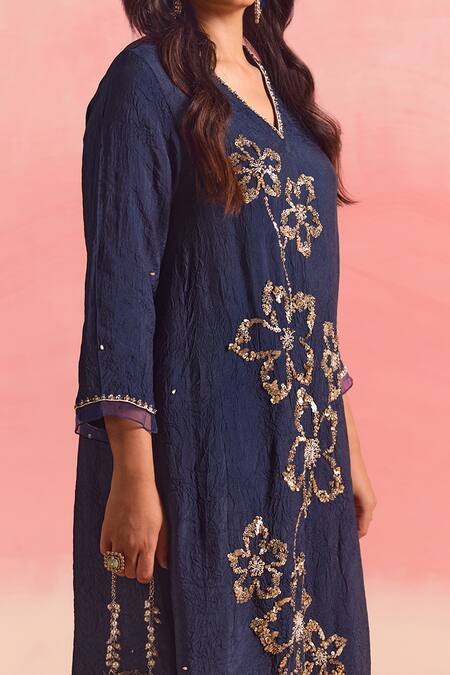 Buy One Not Two Blue Silk, Cotton Sequins, Crystals, Embroidery Floral Flared Kurta And Pant Set Online at Aza Fashions Buy_One Not Two_Blue Silk, Cotton Sequins, Crystals, Embroidery Floral Flared Kurta And Pant Set _Online_at_Aza_Fashions