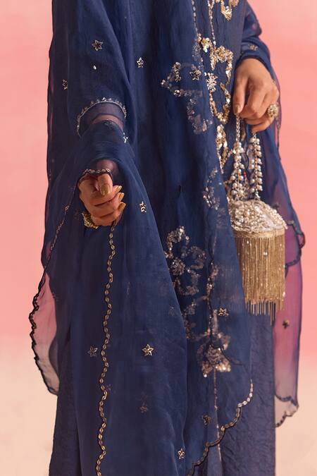 Shop One Not Two Blue Silk, Cotton Sequins, Crystals, Embroidery Floral Flared Kurta And Pant Set Online at Aza Fashions Shop_One Not Two_Blue Silk, Cotton Sequins, Crystals, Embroidery Floral Flared Kurta And Pant Set _Online_at_Aza_Fashions