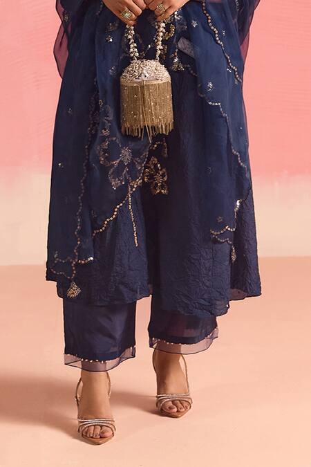 One Not Two Blue Silk, Cotton Sequins, Crystals, Embroidery Floral Flared Kurta And Pant Set at Aza Fashions One Not Two_Blue Silk, Cotton Sequins, Crystals, Embroidery Floral Flared Kurta And Pant Set _at_Aza_Fashions
