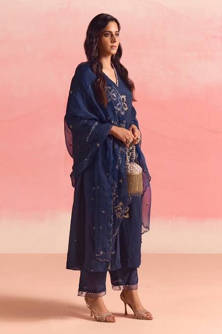 Buy One Not Two Blue Silk, Cotton Sequins, Crystals, Embroidery Floral Flared Kurta And Pant Set Buy_One Not Two_Blue Silk, Cotton Sequins, Crystals, Embroidery Floral Flared Kurta And Pant Set