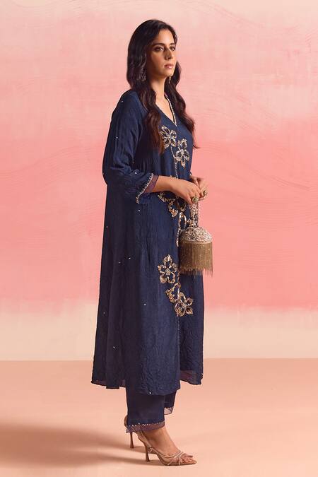 Shop One Not Two Blue Silk, Cotton Sequins, Crystals, Embroidery Floral Flared Kurta And Pant Set Shop_One Not Two_Blue Silk, Cotton Sequins, Crystals, Embroidery Floral Flared Kurta And Pant Set