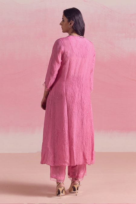 Shop One Not Two Pink Silk, Cotton Sequins, Beads Floral Embroidered A-line Kurta And Pant Set at Aza Fashions Shop_One Not Two_Pink Silk, Cotton Sequins, Beads Floral Embroidered A-line Kurta And Pant Set _at_Aza_Fashions