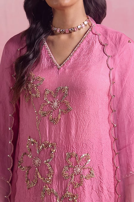 One Not Two Pink Silk, Cotton Sequins, Beads Floral Embroidered A-line Kurta And Pant Set Online at Aza Fashions One Not Two_Pink Silk, Cotton Sequins, Beads Floral Embroidered A-line Kurta And Pant Set _Online_at_Aza_Fashions