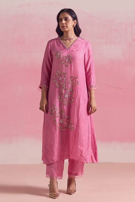 Buy One Not Two Pink Silk, Cotton Sequins, Beads Floral Embroidered A-line Kurta And Pant Set Online at Aza Fashions Buy_One Not Two_Pink Silk, Cotton Sequins, Beads Floral Embroidered A-line Kurta And Pant Set _Online_at_Aza_Fashions