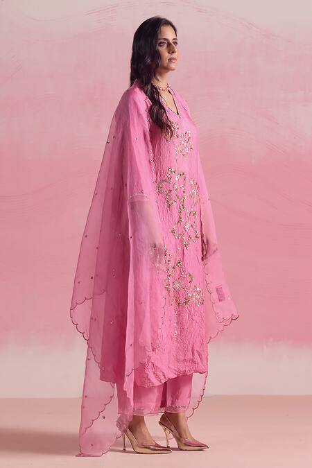 Shop One Not Two Pink Silk, Cotton Sequins, Beads Floral Embroidered A-line Kurta And Pant Set Online at Aza Fashions Shop_One Not Two_Pink Silk, Cotton Sequins, Beads Floral Embroidered A-line Kurta And Pant Set _Online_at_Aza_Fashions