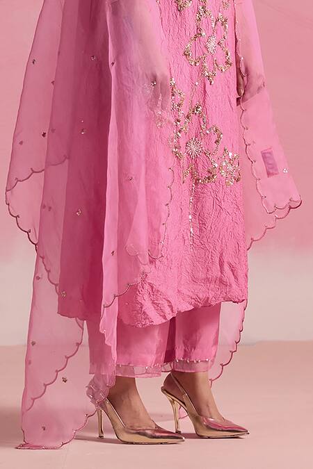 One Not Two Pink Silk, Cotton Sequins, Beads Floral Embroidered A-line Kurta And Pant Set at Aza Fashions One Not Two_Pink Silk, Cotton Sequins, Beads Floral Embroidered A-line Kurta And Pant Set _at_Aza_Fashions