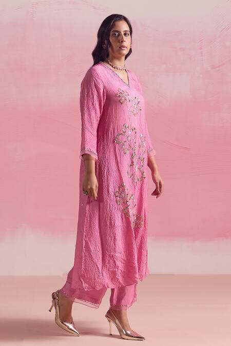 Buy One Not Two Pink Silk, Cotton Sequins, Beads Floral Embroidered A-line Kurta And Pant Set Buy_One Not Two_Pink Silk, Cotton Sequins, Beads Floral Embroidered A-line Kurta And Pant Set
