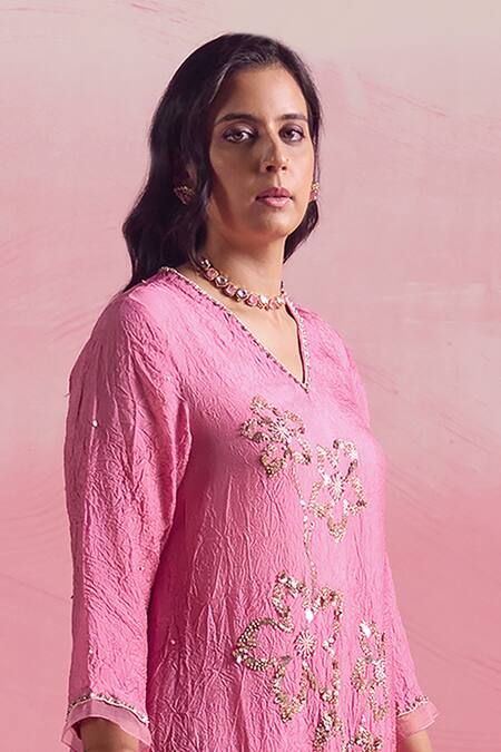 Shop One Not Two Pink Silk, Cotton Sequins, Beads Floral Embroidered A-line Kurta And Pant Set Shop_One Not Two_Pink Silk, Cotton Sequins, Beads Floral Embroidered A-line Kurta And Pant Set