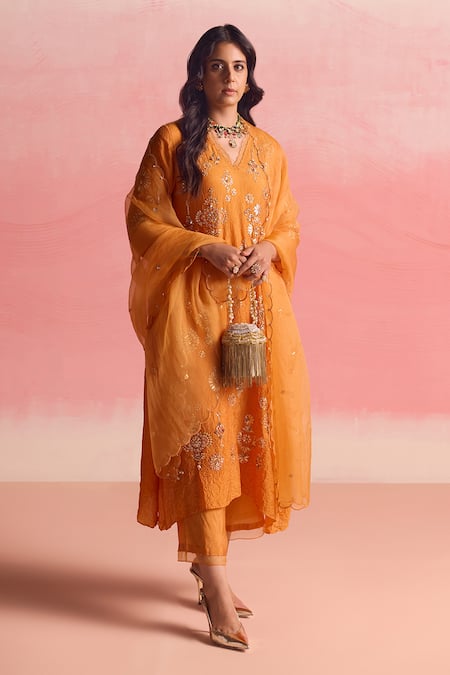 One Not Two Geometric Embroidered A-Line Kurta & Pant Set 