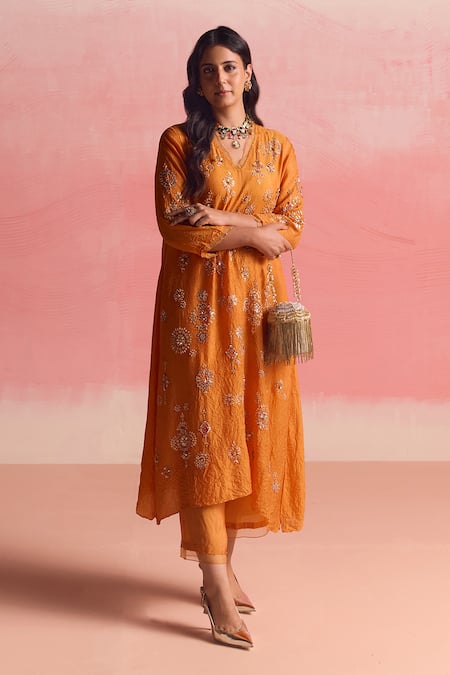 Shop_One Not Two_Orange Silk, Cotton Sequins, Crystals, Beads, Geometric A-line Kurta And Pant Set _at_Aza_Fashions