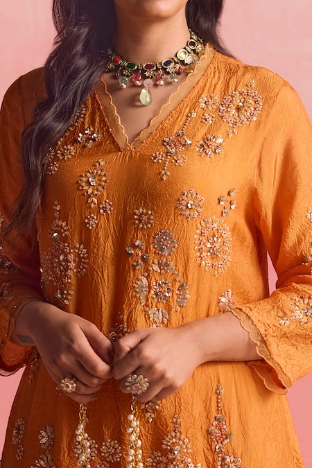 One Not Two_Orange Silk, Cotton Sequins, Crystals, Beads, Geometric A-line Kurta And Pant Set _Online_at_Aza_Fashions