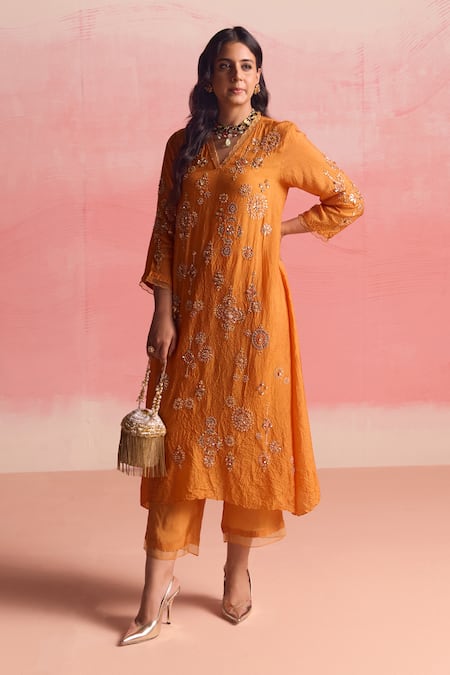 Buy_One Not Two_Orange Silk, Cotton Sequins, Crystals, Beads, Geometric A-line Kurta And Pant Set _Online_at_Aza_Fashions