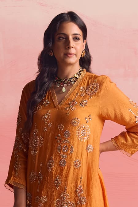 Shop_One Not Two_Orange Silk, Cotton Sequins, Crystals, Beads, Geometric A-line Kurta And Pant Set _Online_at_Aza_Fashions