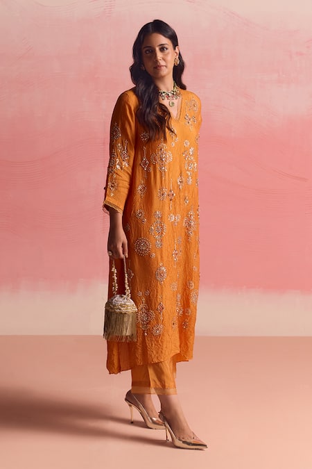 One Not Two_Orange Silk, Cotton Sequins, Crystals, Beads, Geometric A-line Kurta And Pant Set _at_Aza_Fashions