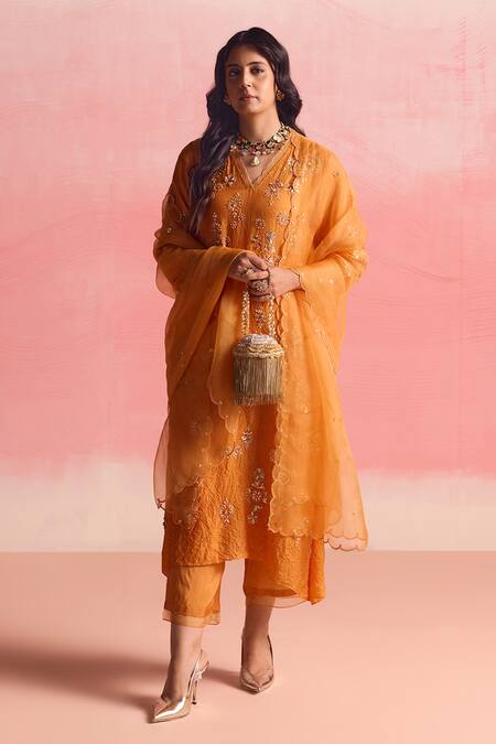 Buy_One Not Two_Orange Silk, Cotton Sequins, Crystals, Beads, Geometric A-line Kurta And Pant Set 
