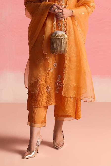 Shop_One Not Two_Orange Silk, Cotton Sequins, Crystals, Beads, Geometric A-line Kurta And Pant Set 