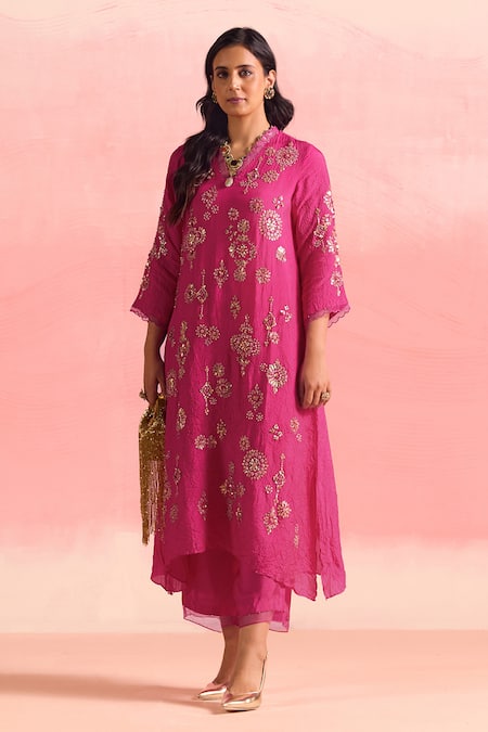 One Not Two Crystals Embroidered Asymmetric Kurta & Pant Set 