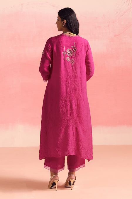 Shop One Not Two Pink Silk, Cotton Sequins, Crystals, Embroidered Asymmetric Kurta And Pant Set at Aza Fashions Shop_One Not Two_Pink Silk, Cotton Sequins, Crystals, Embroidered Asymmetric Kurta And Pant Set _at_Aza_Fashions