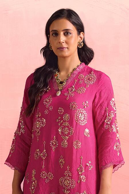 One Not Two Pink Silk, Cotton Sequins, Crystals, Embroidered Asymmetric Kurta And Pant Set Online at Aza Fashions One Not Two_Pink Silk, Cotton Sequins, Crystals, Embroidered Asymmetric Kurta And Pant Set _Online_at_Aza_Fashions