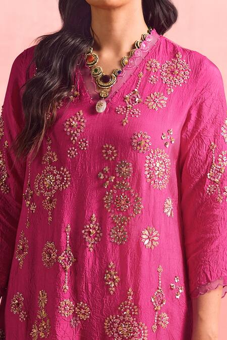 Buy One Not Two Pink Silk, Cotton Sequins, Crystals, Embroidered Asymmetric Kurta And Pant Set Online at Aza Fashions Buy_One Not Two_Pink Silk, Cotton Sequins, Crystals, Embroidered Asymmetric Kurta And Pant Set _Online_at_Aza_Fashions
