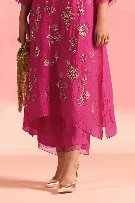 Shop One Not Two Pink Silk, Cotton Sequins, Crystals, Embroidered Asymmetric Kurta And Pant Set Online at Aza Fashions Shop_One Not Two_Pink Silk, Cotton Sequins, Crystals, Embroidered Asymmetric Kurta And Pant Set _Online_at_Aza_Fashions