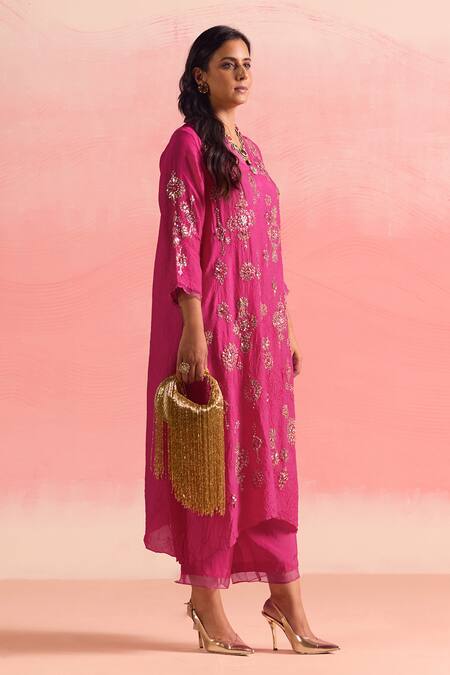 One Not Two Pink Silk, Cotton Sequins, Crystals, Embroidered Asymmetric Kurta And Pant Set at Aza Fashions One Not Two_Pink Silk, Cotton Sequins, Crystals, Embroidered Asymmetric Kurta And Pant Set _at_Aza_Fashions