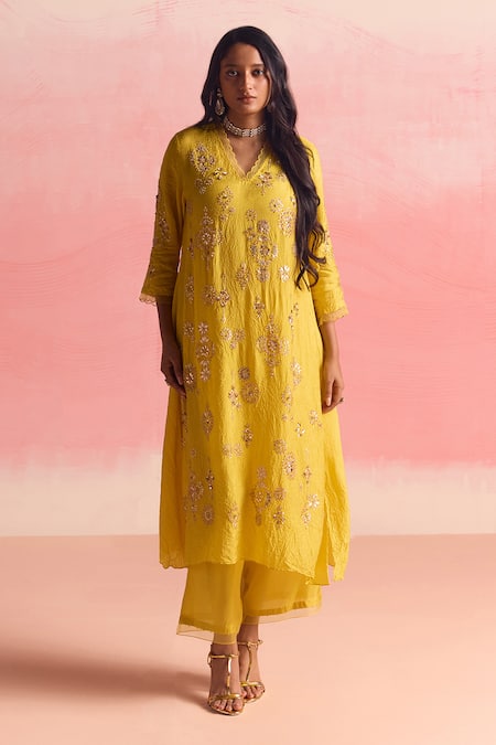 One Not Two Geometric Pattern Embroidered A-Line Kurta & Pant Set 