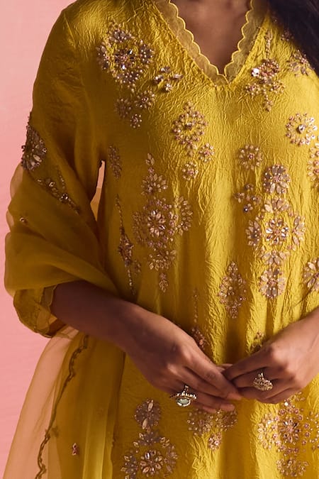 One Not Two_Yellow Silk, Cotton Embroidery V-neck Geometric Pattern A-line Kurta And Pant Set _Online_at_Aza_Fashions