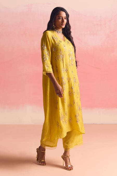 Buy_One Not Two_Yellow Silk, Cotton Embroidery V-neck Geometric Pattern A-line Kurta And Pant Set _Online_at_Aza_Fashions