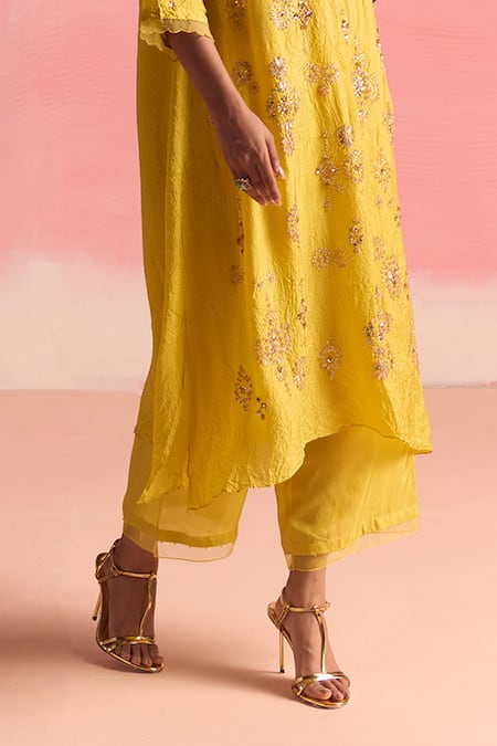 Shop_One Not Two_Yellow Silk, Cotton Embroidery V-neck Geometric Pattern A-line Kurta And Pant Set _Online_at_Aza_Fashions