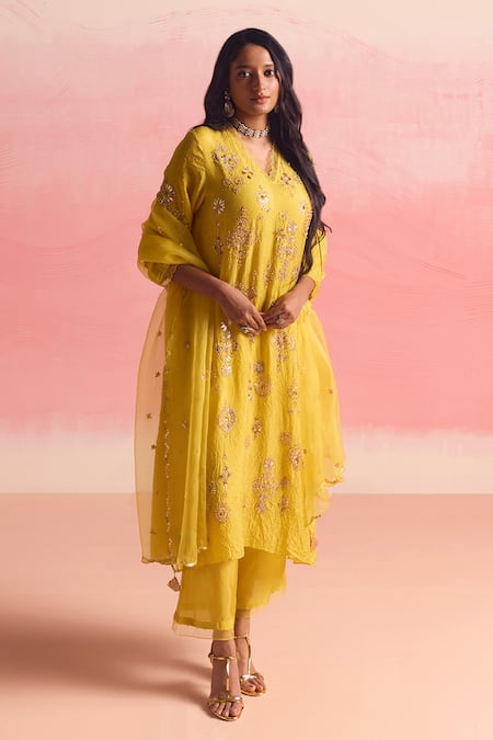 One Not Two_Yellow Silk, Cotton Embroidery V-neck Geometric Pattern A-line Kurta And Pant Set _at_Aza_Fashions