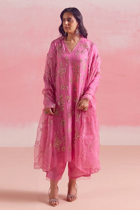 One Not Two Sequins Embroidered Asymmetric Kurta & Pant Set 