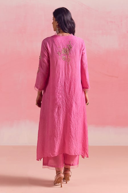 Shop One Not Two Pink Silk, Cotton Sequins, Crystals, Beads, Asymmetric Kurta And Pant Set at Aza Fashions Shop_One Not Two_Pink Silk, Cotton Sequins, Crystals, Beads, Asymmetric Kurta And Pant Set _at_Aza_Fashions