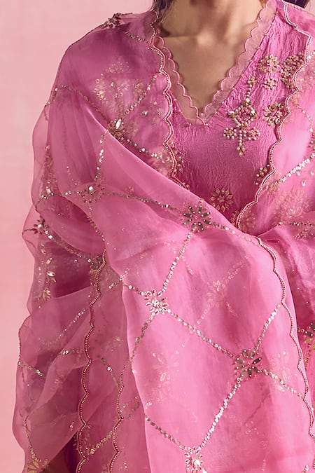 One Not Two Pink Silk, Cotton Sequins, Crystals, Beads, Asymmetric Kurta And Pant Set Online at Aza Fashions One Not Two_Pink Silk, Cotton Sequins, Crystals, Beads, Asymmetric Kurta And Pant Set _Online_at_Aza_Fashions