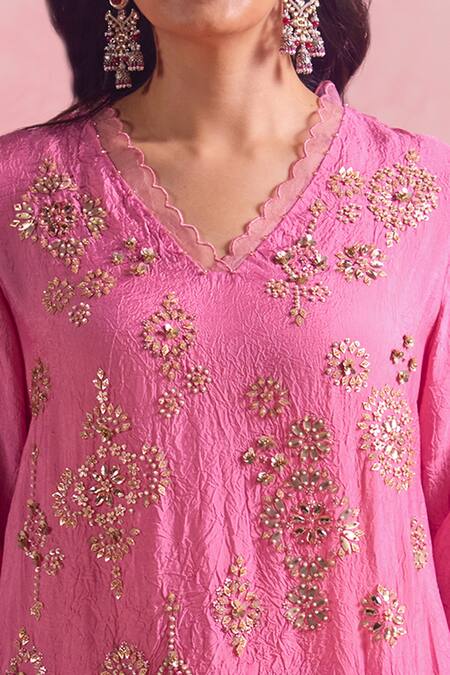 Shop One Not Two Pink Silk, Cotton Sequins, Crystals, Beads, Asymmetric Kurta And Pant Set Online at Aza Fashions Shop_One Not Two_Pink Silk, Cotton Sequins, Crystals, Beads, Asymmetric Kurta And Pant Set _Online_at_Aza_Fashions