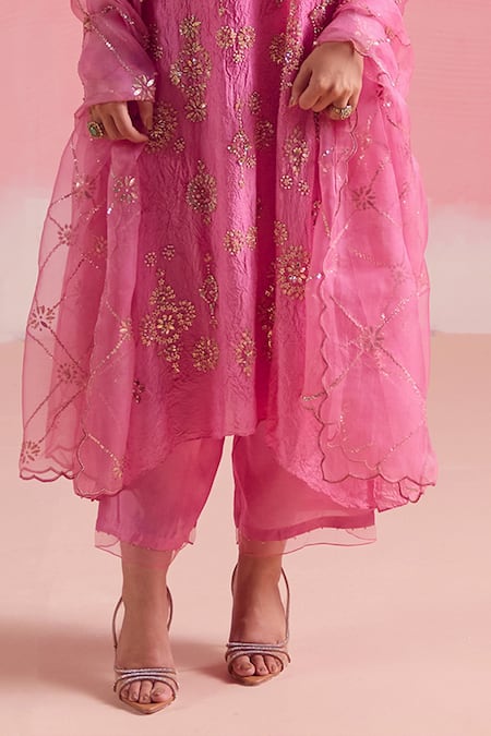 One Not Two Pink Silk, Cotton Sequins, Crystals, Beads, Asymmetric Kurta And Pant Set at Aza Fashions One Not Two_Pink Silk, Cotton Sequins, Crystals, Beads, Asymmetric Kurta And Pant Set _at_Aza_Fashions