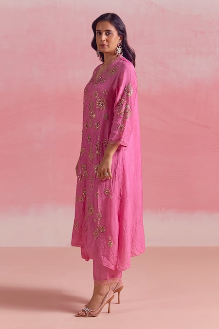 Buy One Not Two Pink Silk, Cotton Sequins, Crystals, Beads, Asymmetric Kurta And Pant Set Buy_One Not Two_Pink Silk, Cotton Sequins, Crystals, Beads, Asymmetric Kurta And Pant Set