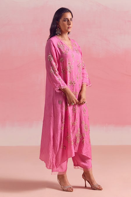 Shop One Not Two Pink Silk, Cotton Sequins, Crystals, Beads, Asymmetric Kurta And Pant Set Shop_One Not Two_Pink Silk, Cotton Sequins, Crystals, Beads, Asymmetric Kurta And Pant Set
