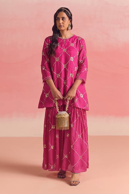 One Not Two Criss Cross Embroidered Short Kurta With Gharara 