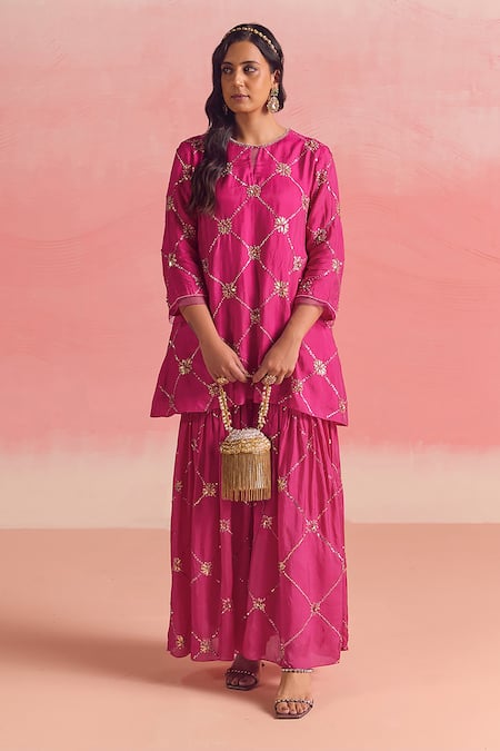 Shop One Not Two Pink Silk, Cotton Sequins, Criss Cross Embroidered Short Kurta With Gharara at Aza Fashions Shop_One Not Two_Pink Silk, Cotton Sequins, Criss Cross Embroidered Short Kurta With Gharara _at_Aza_Fashions