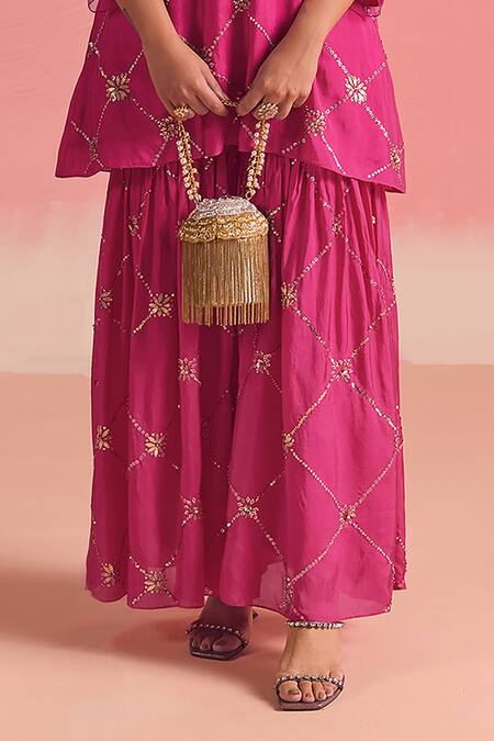 One Not Two Pink Silk, Cotton Sequins, Criss Cross Embroidered Short Kurta With Gharara Online at Aza Fashions One Not Two_Pink Silk, Cotton Sequins, Criss Cross Embroidered Short Kurta With Gharara _Online_at_Aza_Fashions