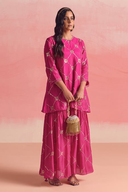 Buy One Not Two Pink Silk, Cotton Sequins, Criss Cross Embroidered Short Kurta With Gharara Online at Aza Fashions Buy_One Not Two_Pink Silk, Cotton Sequins, Criss Cross Embroidered Short Kurta With Gharara _Online_at_Aza_Fashions