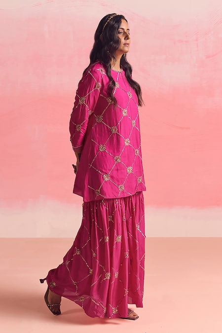Shop One Not Two Pink Silk, Cotton Sequins, Criss Cross Embroidered Short Kurta With Gharara Online at Aza Fashions Shop_One Not Two_Pink Silk, Cotton Sequins, Criss Cross Embroidered Short Kurta With Gharara _Online_at_Aza_Fashions