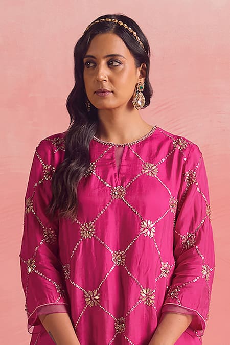 One Not Two Pink Silk, Cotton Sequins, Criss Cross Embroidered Short Kurta With Gharara at Aza Fashions One Not Two_Pink Silk, Cotton Sequins, Criss Cross Embroidered Short Kurta With Gharara _at_Aza_Fashions