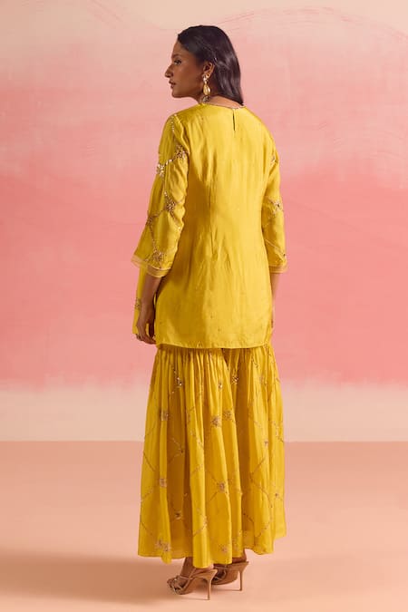 Shop One Not Two Yellow Silk, Cotton Sequins, Criss Cross Embroidered Short Kurta With Gharara at Aza Fashions Shop_One Not Two_Yellow Silk, Cotton Sequins, Criss Cross Embroidered Short Kurta With Gharara _at_Aza_Fashions